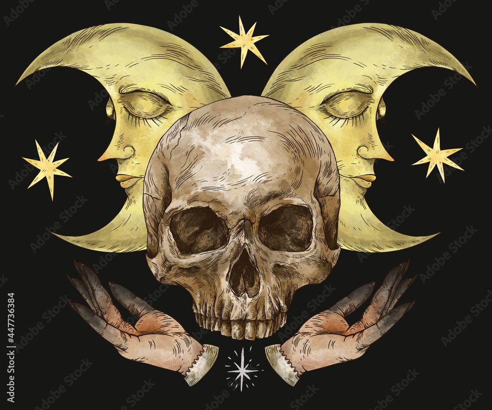 Wall mural mystic skull vintage greeting card with moon face, moth, witch hand death illustration