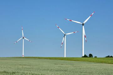 Fototapeta premium Wind turbines in a grainfield with flying birds seen in Germany