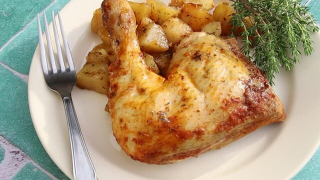 cuisse de poulet r&ocirc;ti et pommes de terre saut&eacute;es	
