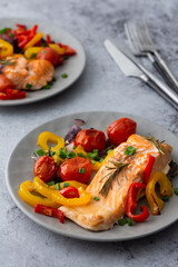 Baked red fish fillet Arctic char on a plates with vegetables close up, delicious hearty healthy...