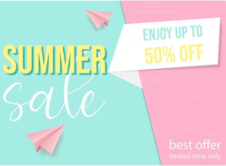 Vector illustration. Banner for summer sale. Special offer poster. Web page for summer sale. Up to 50% off. Summer background with planes