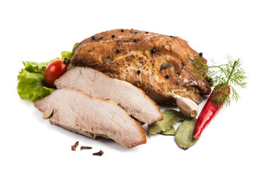 baked smoked piece of meat on a white plate
