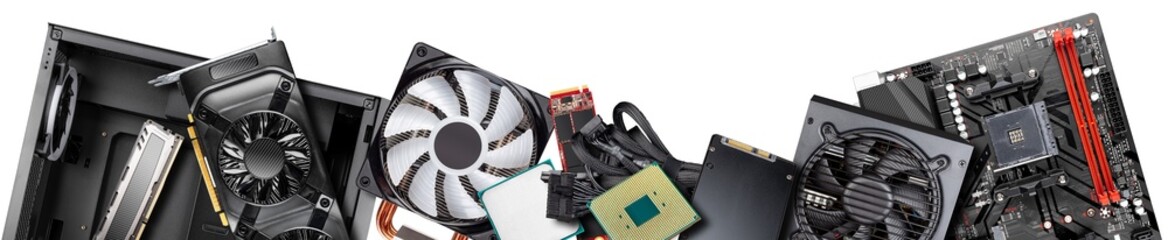 wide banner of parts components for modern desktop computer. Mainboard power supply RAM SSD hard disk CPU cooler graphics card and midi tower pc case isolated white panorama background