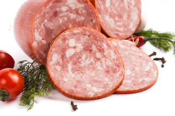 baked salami sausage on a white plate