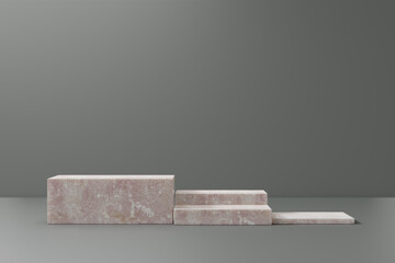 Cosmetic display product stand. Pink marble blocks on green background. 3D rendering illustration