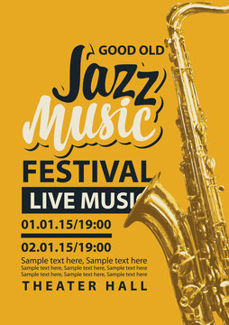 Vector poster for a jazz festival of live music with a golden saxophone, inscriptions and place for text on a yellow background. Music banner, flyer, invitation, ticket in retro style
