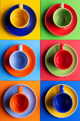 Empty cup of coffee or tea at colorful abstract background texture. Coffee break time