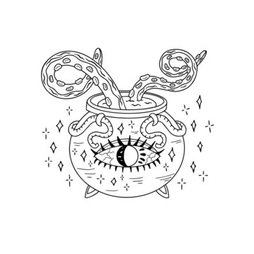 Magic cauldron with potion and tentacles. Hand-drawn isolated vector doodle illustration of a witch's pot. Black outline. Design for logo, icon, banner, halloween.