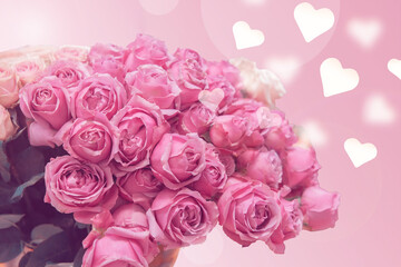 beautiful bouquet of pink roses. Bokeh in the form of a photo with a bouquet of flowers. Romantic roses on a postcard. copy space