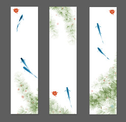 Three banners with small blue fishes and seaweed on white background. Traditional oriental ink painting sumi-e, u-sin, go-hua.