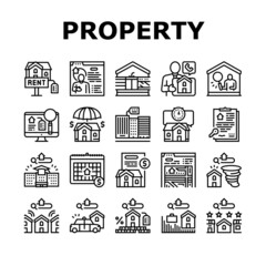 Property Rental Agency Collection Icons Set Vector. Signing Contract And Payment Of Taxes, Insurance And Inspection Property Rental Agent Service Black Contour Illustrations