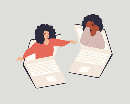 Girl comforts her best friend who needs help in the social media. Girl consoles a black woman with mental health disorder online. Friendship, therapy, support, human relationships. vector illustration