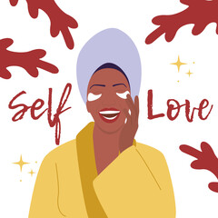 A joyful dark-skinned girl in a yellow robe and with a towel on her head loves herself and takes care of herself. Vector flat illustration.