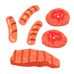A set of grilled meat, sausages and cutlets.Meat products are drawn in flat cartoon style .Barbecue design are isolated on white background.Vector illustration.
