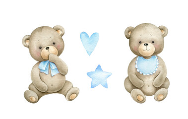 Cute little bears boys. Watercolor illustration for baby boy shower isolated on white background.