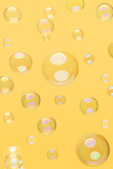 soap bubbles of various sizes floating on a yellow background.