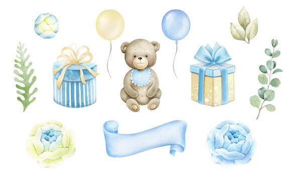 Newborn Baby boy clipart set.Little bear,air ballons,gift boxes,banner,flowers for baby shower invitations.