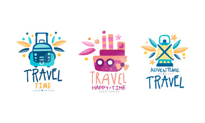 Naklejka premium Travel Time Logo Design Set, Adventure Travel Bright Hand Drawn Labels Badges Vector Illustration