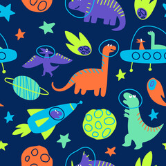 Seamless pattern of dinosaurs traveling in space.
Dino traveling the galaxy with stars, planets. Children's packaging with a space dinosaur. Flat vector illustration