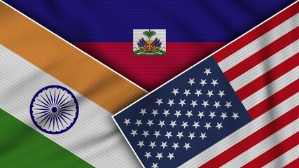 Haiti United States of America India Flags Together Fabric Texture Effect Illustration