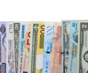 Background from paper Money of the different countries closeup.