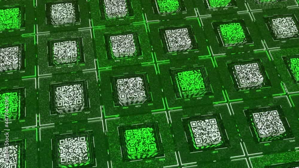 Poster animation of glowing green and white qr codes processing on bright background. animation. global onl