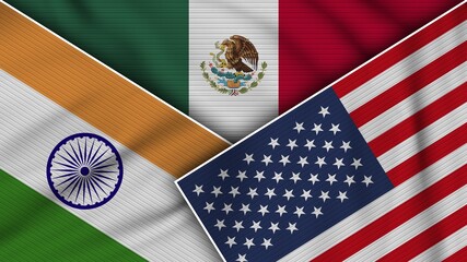 Mexico United States of America India Flags Together Fabric Texture Effect Illustration