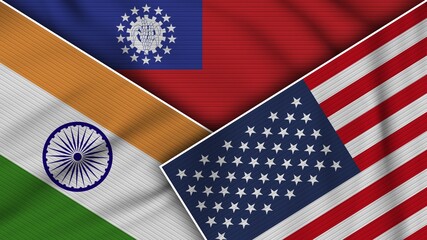 Myanmar Burma United States of America India Flags Together Fabric Texture Effect Illustration
