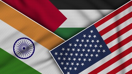 Palestine United States of America India Flags Together Fabric Texture Effect Illustration