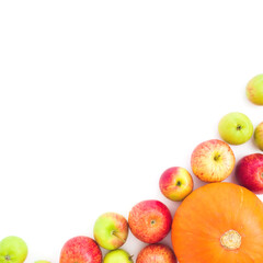 Food frame with apple fruits and pumpkin on white background. Flat lay