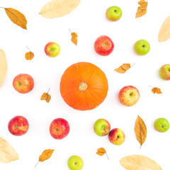 Autumn background with fall leaves, apple and pumpkin on white background. Flat lay