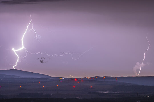 Lightning over Ore Mountains and windfarm Krystofovy Hamry (Rusova)