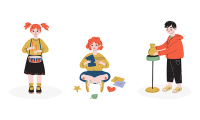 Talented Children Set, Kids Making Applique, Clay Pots, Playing Drum, Child Development, Hobby, Education Concept Vector Illustration