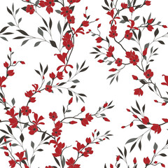 seamless pattern of flowers, branches and leaves