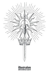 black and white medieval colored sword  with crown and sun circle