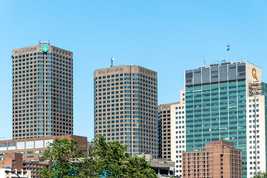 Desjardins And Hydro Quebec Logos In The Montreal Skyline, Canada