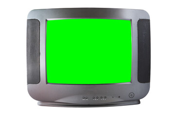 Black vintage green screen TV for adding new images to the screen. Isolated on white background.Vintage TVs 1980s 1990s 2000s. 