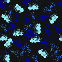 Abstract seamless pattern with blue spots of paint on a black background. Use in textiles, clothing, fabric, wallpaper, design, baby backgrounds, wrapping paper. Vector.