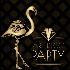 Black Art Deco Illustration Design with Flamingo