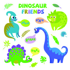 Set with cartoon dinosaurs isolated on a white background. Vector illustration for printing on packaging paper, fabric, postcard, clothing. Cute children's background