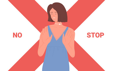 Girl with no stop gesture simple concept vector illustration. Cartoon young woman in dress standing with red cross, female character warning, lady showing denial negative gesture with hands background