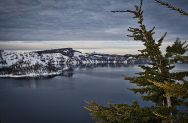 Crater Lake National Park in the snow with a spruce tree in the foreground