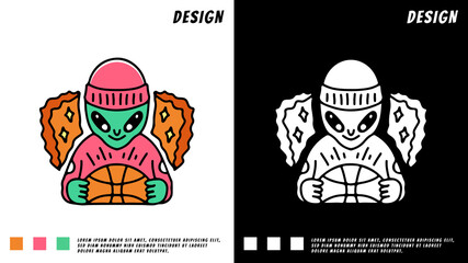 hype alien holding basketball, illustration for t-shirt, poster, sticker, or apparel merchandise. With cartoon style.
