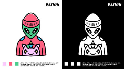 alien wearing beanie hat and little unicorn, illustration for t-shirt, poster, sticker, or apparel merchandise. With cartoon style.
