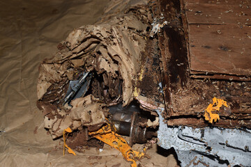 Paper and Wood layers damaged by termites. Dead termites.