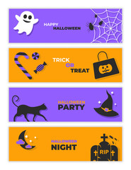 Set of banner design and web site headers Happy halloween, halloween party, trick or treat. With elements web, bats, black cat, halloween color, candy bag, candy, ghost, moon.