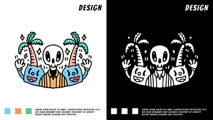 summer skull and retro cat on the beach, illustration for t-shirt, poster, sticker, or apparel merchandise. With cartoon style.