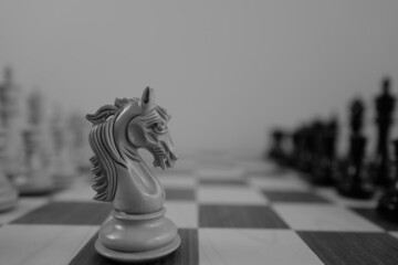WOODEN CHESS PIECES AND BOARD IN MONOCHROMATIC THEME