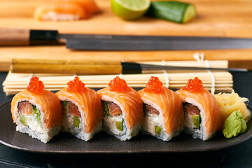 salmon maki roll sushi bar japanese food