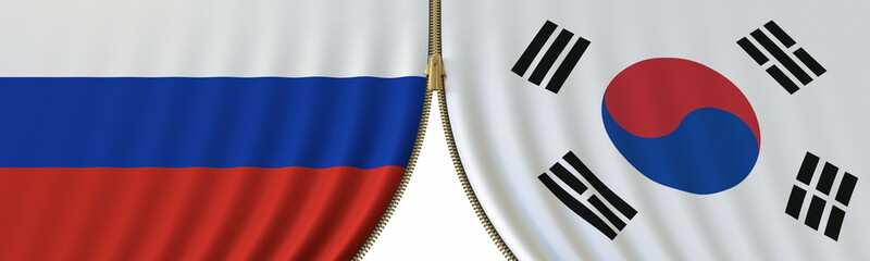Russia and Korea political cooperation or conflict, flags and closing or opening zipper, conceptual 3D rendering